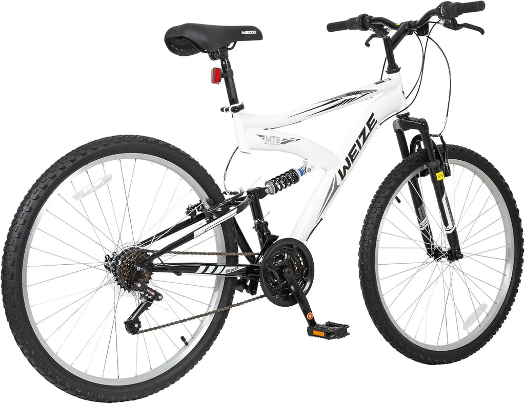 WEIZE Mountain Bike, 26 27.5 inch Outdoor Hybrid Bikes,18-Speed/High-Carbon Steel/Dual Full Suspension, Adjustable Ergonomic Seat for Men Women Adult, MTB Bicycle with Suspension Fork,Sleek Colors