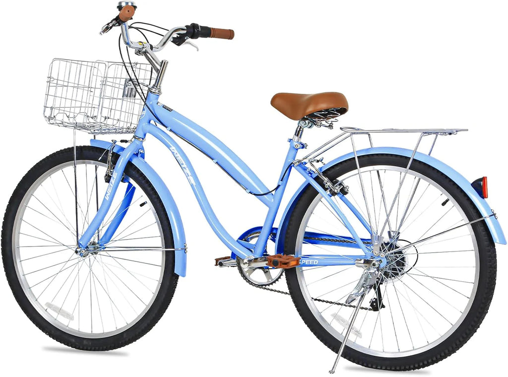 WEIZE Beach Cruiser Bike, 26 inch Commuter Bicycle for Adult Men and Women, 7-Speed/High-Carbon Steel/Front & Rear Fenders, Comfortable City Bikes with Rear Rack or Basket, Ergonomic Upright Design