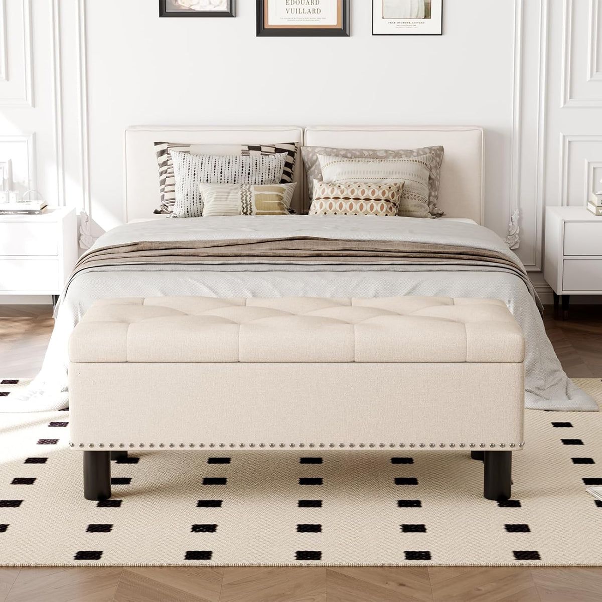 Furniliving Modern Storage Ottoman Bench, Sherpa Ottoman End of Bed Bench with Solid Wood Legs Upholstered Ottoman Benches with Storage Indoor Bench