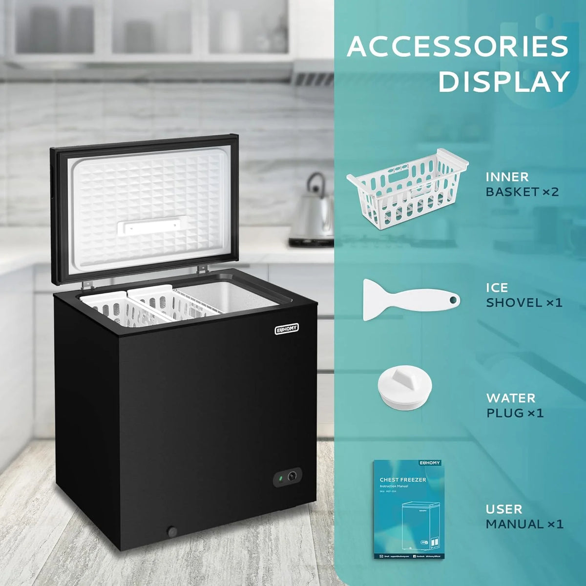 EUHOMY 3.5 Cu.Ft Chest Freezer with Removable Basket, Small Deep Freezer Adjustable 7 Thermostat, Quiet Mini Freezer Free-Standing Top Door, Energy Saving for Apartment/Garage/Basement/Dorm/Home,Black