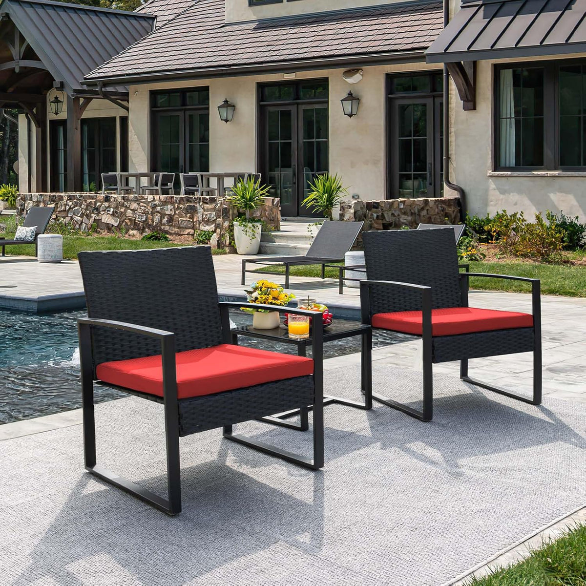 Flamaker 3 Pieces Patio Set Outdoor Wicker Furniture Sets Modern Rattan Chair Conversation Sets with Coffee Table for Yard and Bistro (Black)