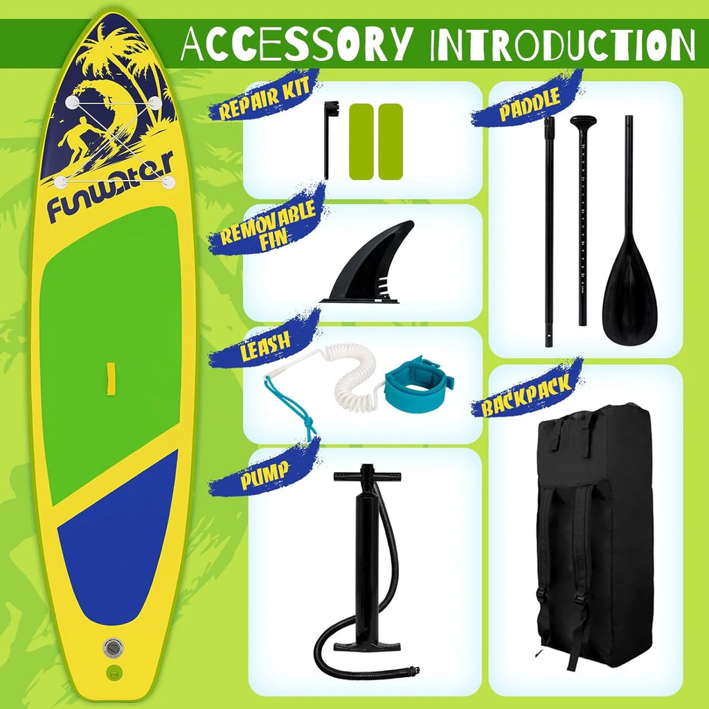 FunWater Inflatable Stand Up Paddle Board with Premium SUP Paddle Accessories, Non-Slip EVA Deck, 11'/10'6' Paddle