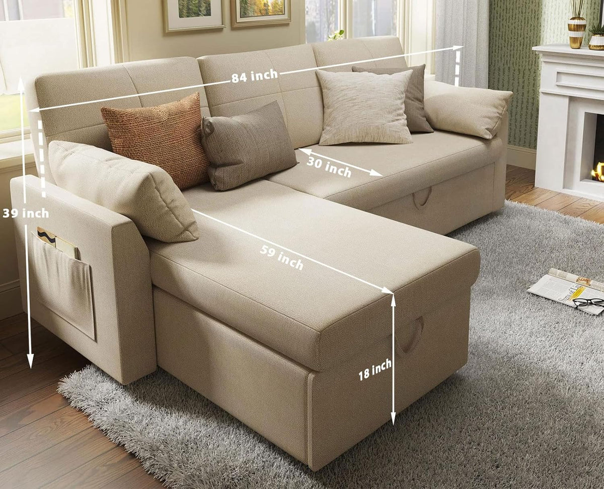 VanAcc Sofa Bed Sleeper Sofa with Storage Chaise 2 in 1 Pull Out Couch Living Room