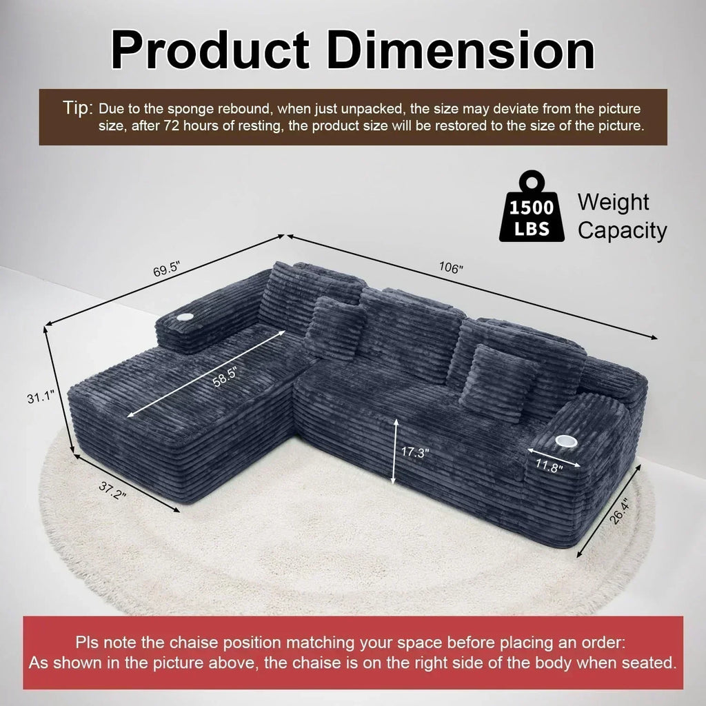 Cloud Sectional Couch with L Shape Chaise Modern Modular Sofa with Deep Seat Built in Cup Holder