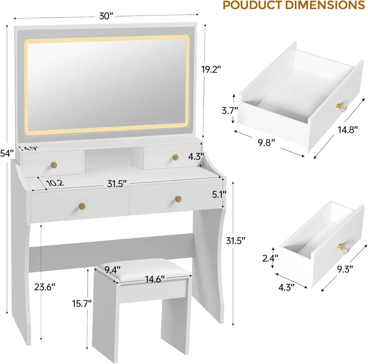 COMHOMA Makeup Vanity Desk with Mirror and Lights, Vanity Table and Chair Set