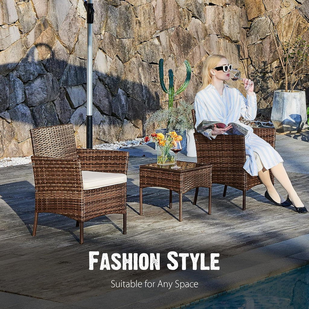 Sweetcripy Patio Furniture Set 3 Pieces, Outdoor Furniture with Soft Cushion and Glass Table, All Weather Manual Weaving Wicker Rattan Patio Chairs for Garden, Terrace, Porch(Black and Beige)