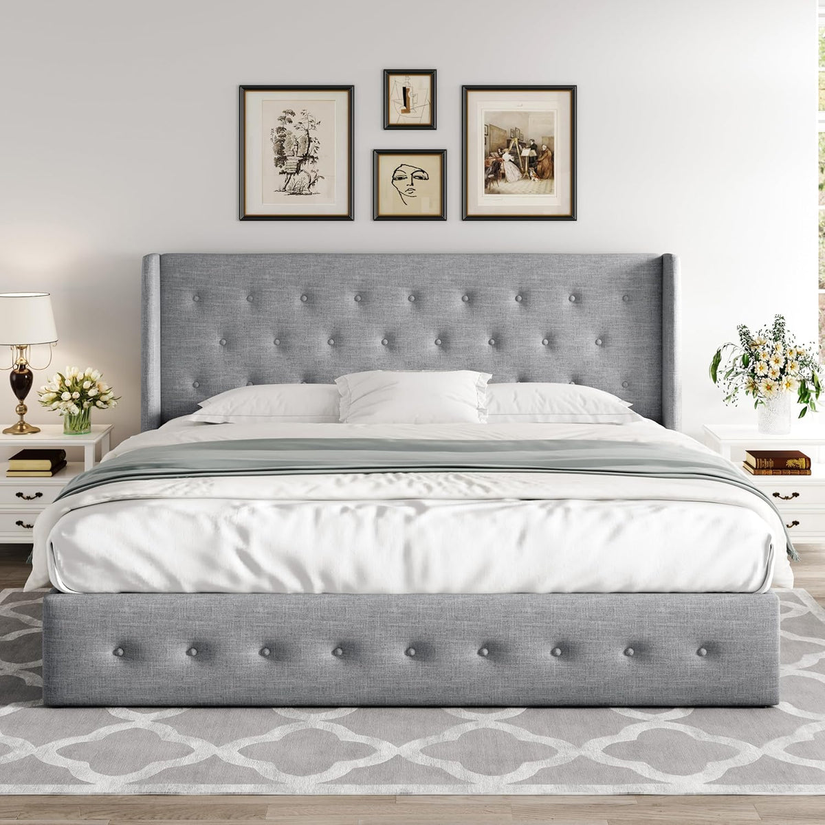 Allewie Queen Size Lift Up Storage Bed Modern Wingback Headboard Hydraulic Support
