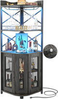 Aheaplus Corner Bar Cabinet with Power Outlet, Industrial Wine Cabinet with LED Strip and Glass Holder, 5-Tiers Liquor Cabinet Bar Unit for Home, Corner Display Cabinet for Small Space, White Oak
