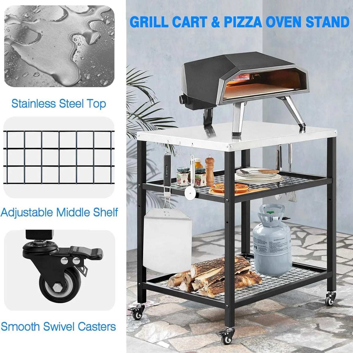 Stainless Steel Outdoor Grill Cart Pizza Oven Stand Trolley Table with Wheels Three-Shelf Movable Food Prep and Work Table Heavy Duty Grill Carts Outdoor Cart 31.5×24×35.5