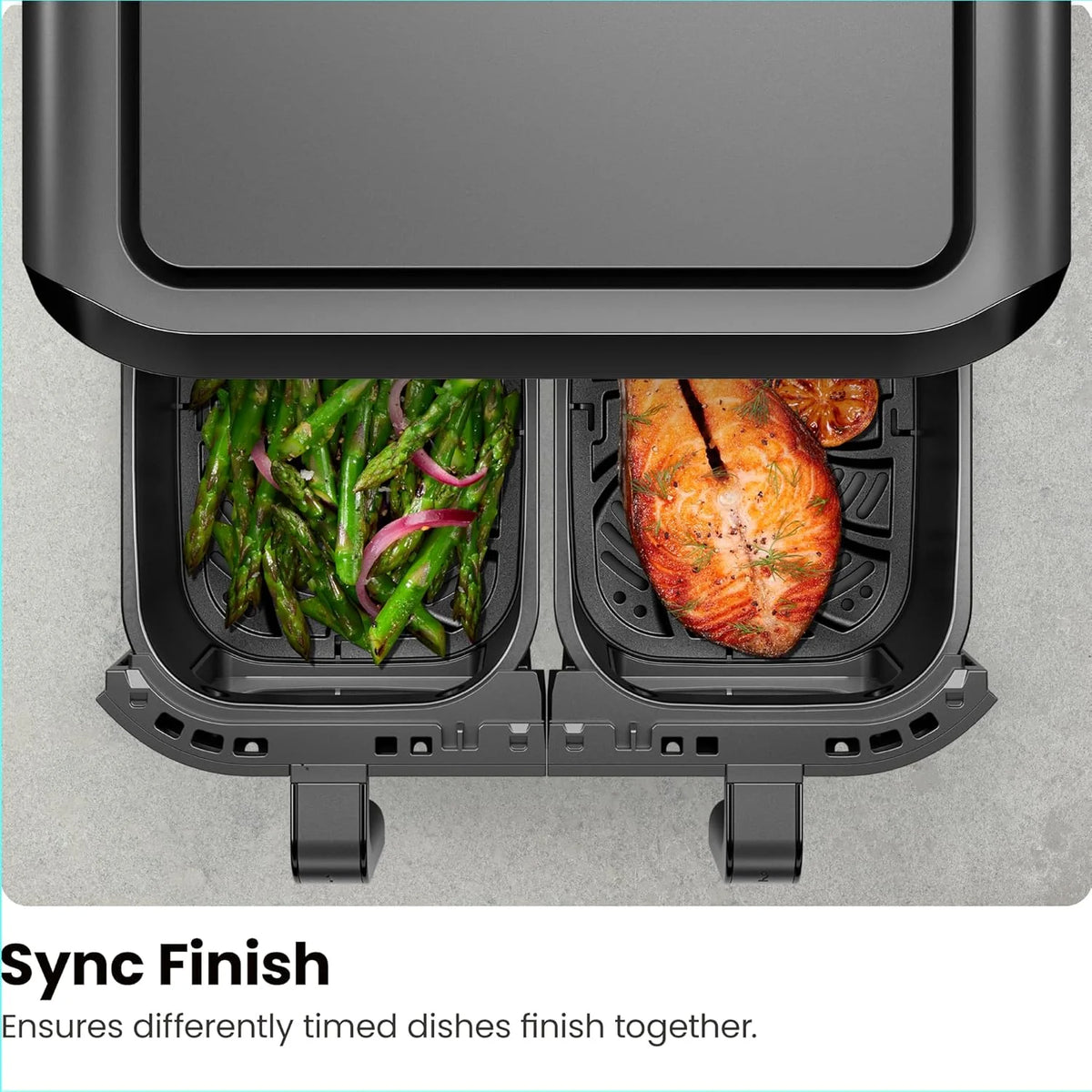Chefman 6-Quart Dual Basket Air Fryer - Digital Touchscreen, Smart Sync Finish, High-Frying, Auto-Off, 2 Independent 3-Quart Nonstick Pans, Dishwasher-Safe Baskets