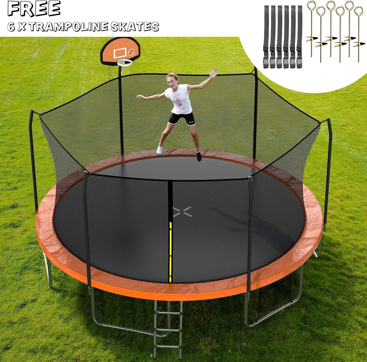 AOTOB 8FT 10FT 12FT 14 FT 15FT Trampoline with Safety Enclosure Net，Outdoor Trampoline with Basketball Hoop, Heavy Duty Jumping Mat and Spring Cover Padding for Kids and Adults, Storage Bag and Ladder