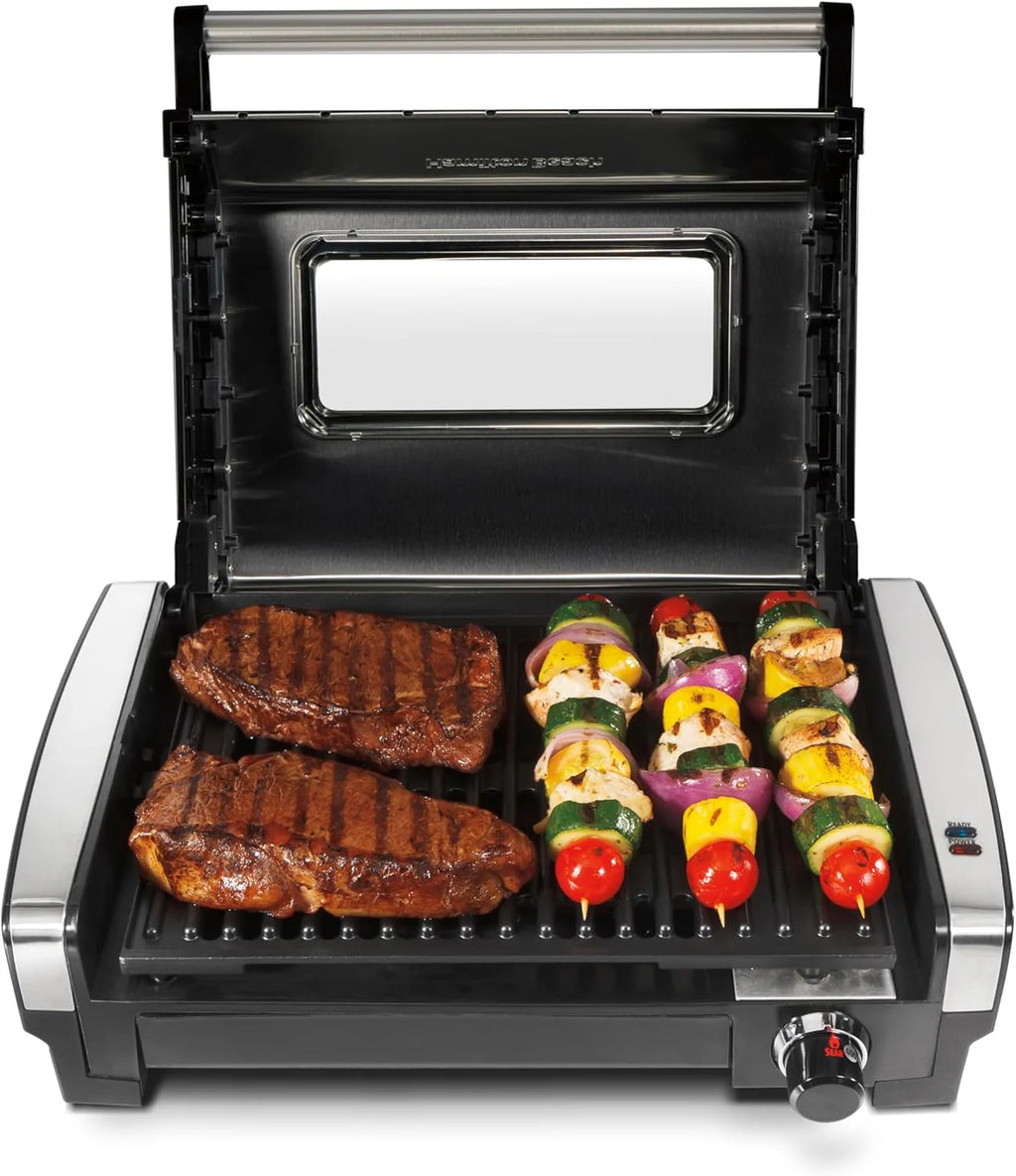 Electric Indoor Searing Grill with Viewing Window & Adjustable Temperature Control to 450F, 118 sq. in. Surface Serves 6, PFAS-Free Removable Nonstick Grate, Stainless Steel