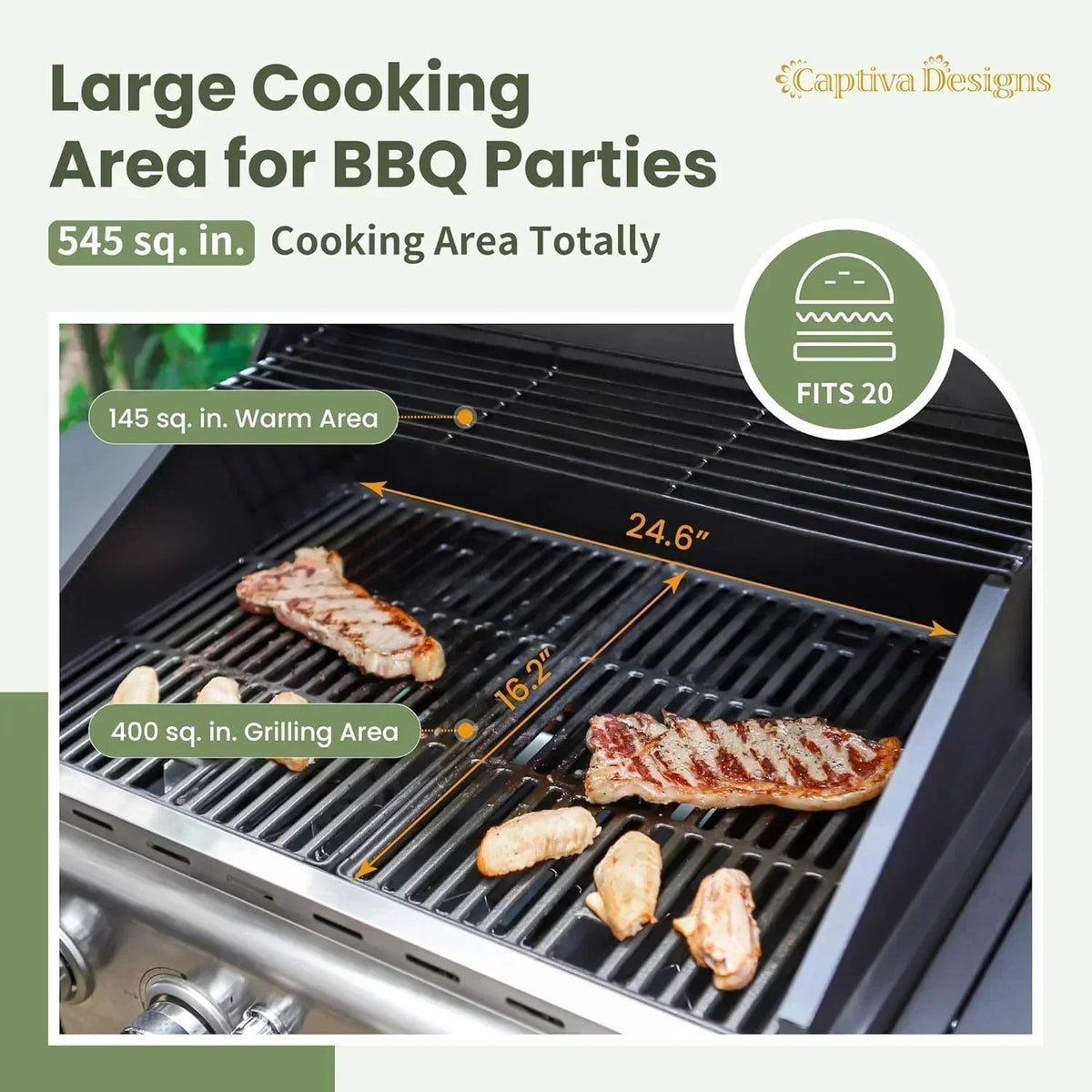 Captiva Designs 4-Burner Propane Gas BBQ Grill Side Burner Porcelain-Enameled Cast Iron Grates