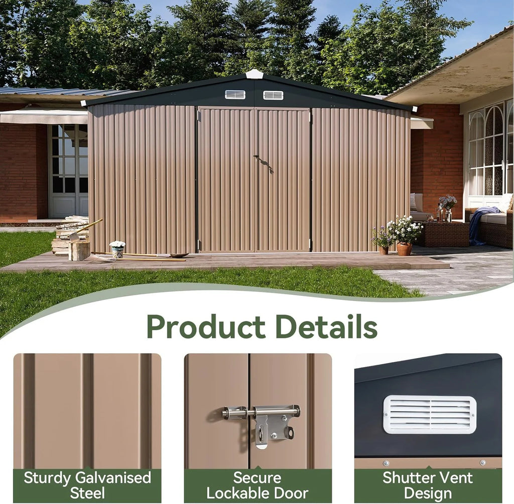 Aoxun 12x10 FT Shed Metal Outdoor Waterproof Storage Shed Steel Utility Garden Tool Shed with Door & Lock Outdoor Storage for Garden Patio Lawn Poolside, Brown