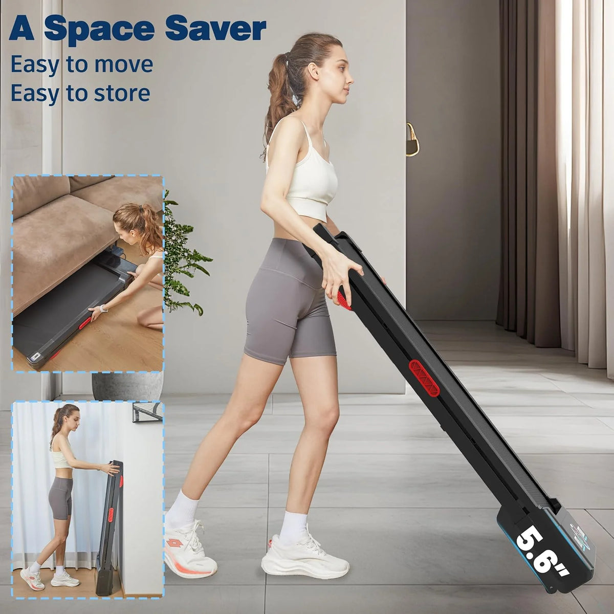 The Walking Pad treadmill features 12% 9-level automatic incline, 450-pound capacity, RGB LED screen, and Bluetooth speakers.