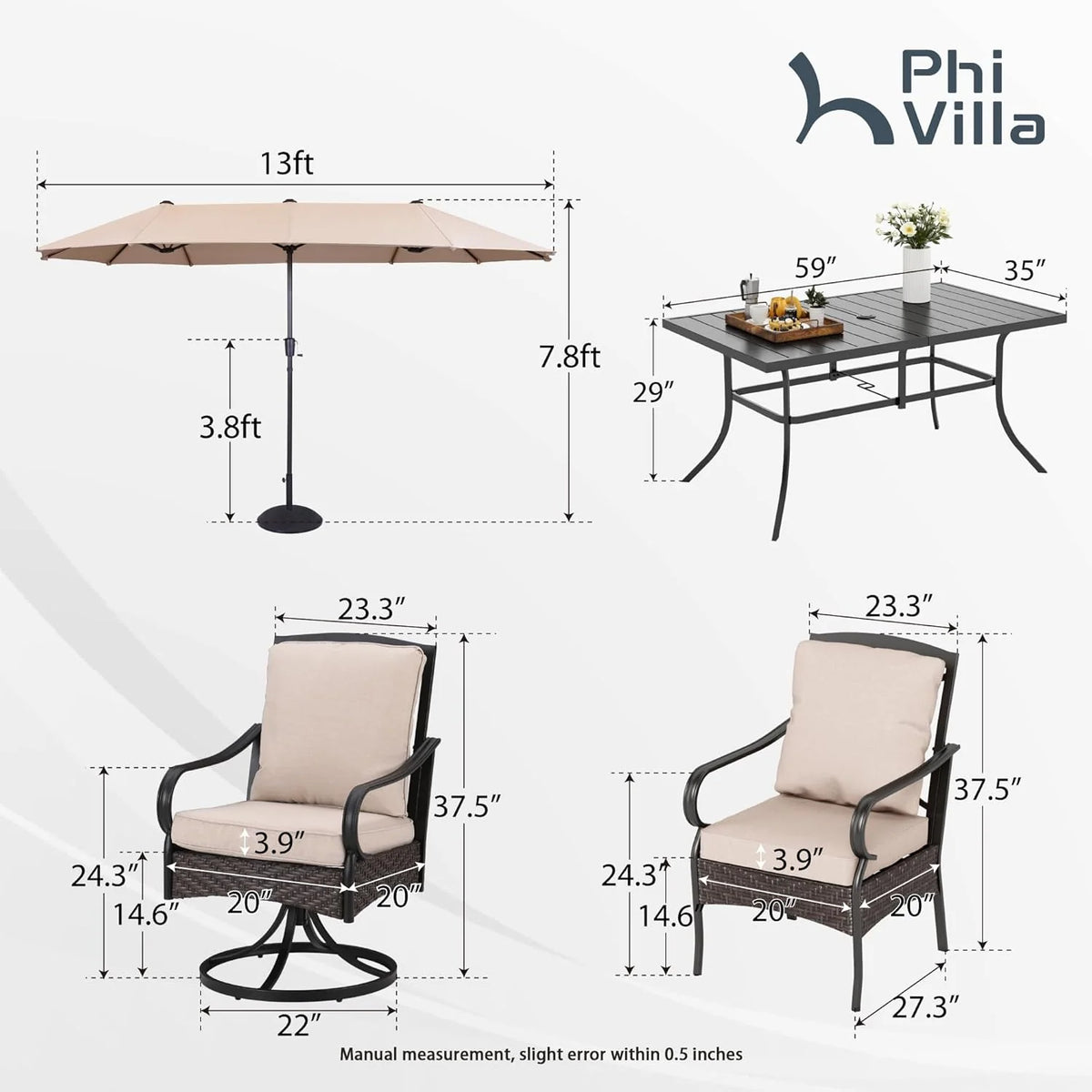 PHI VILLA 6-Piece Outdoor Dining Sets, All-Weather Patio Table and Chairs Set with Umbrella for 4, Heavy Duty Patio Round Table Set for Deck, 4 Extra Large Outdoor Swivel Chairs with Thick Cushions