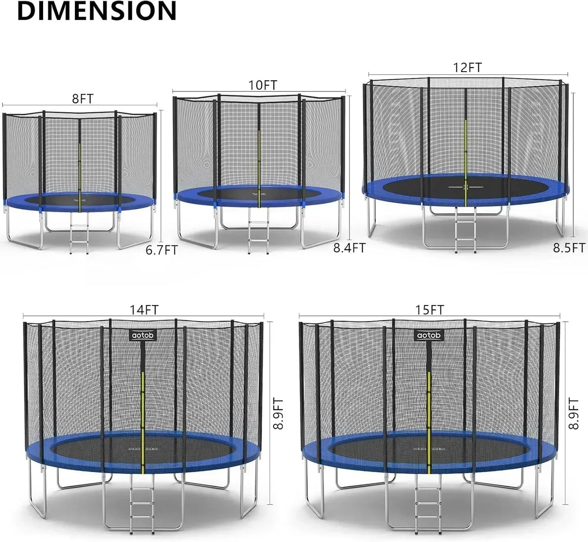 AOTOB 8FT 10FT 12FT 14 FT 15FT Trampoline with Safety Enclosure Net Outdoor Trampoline