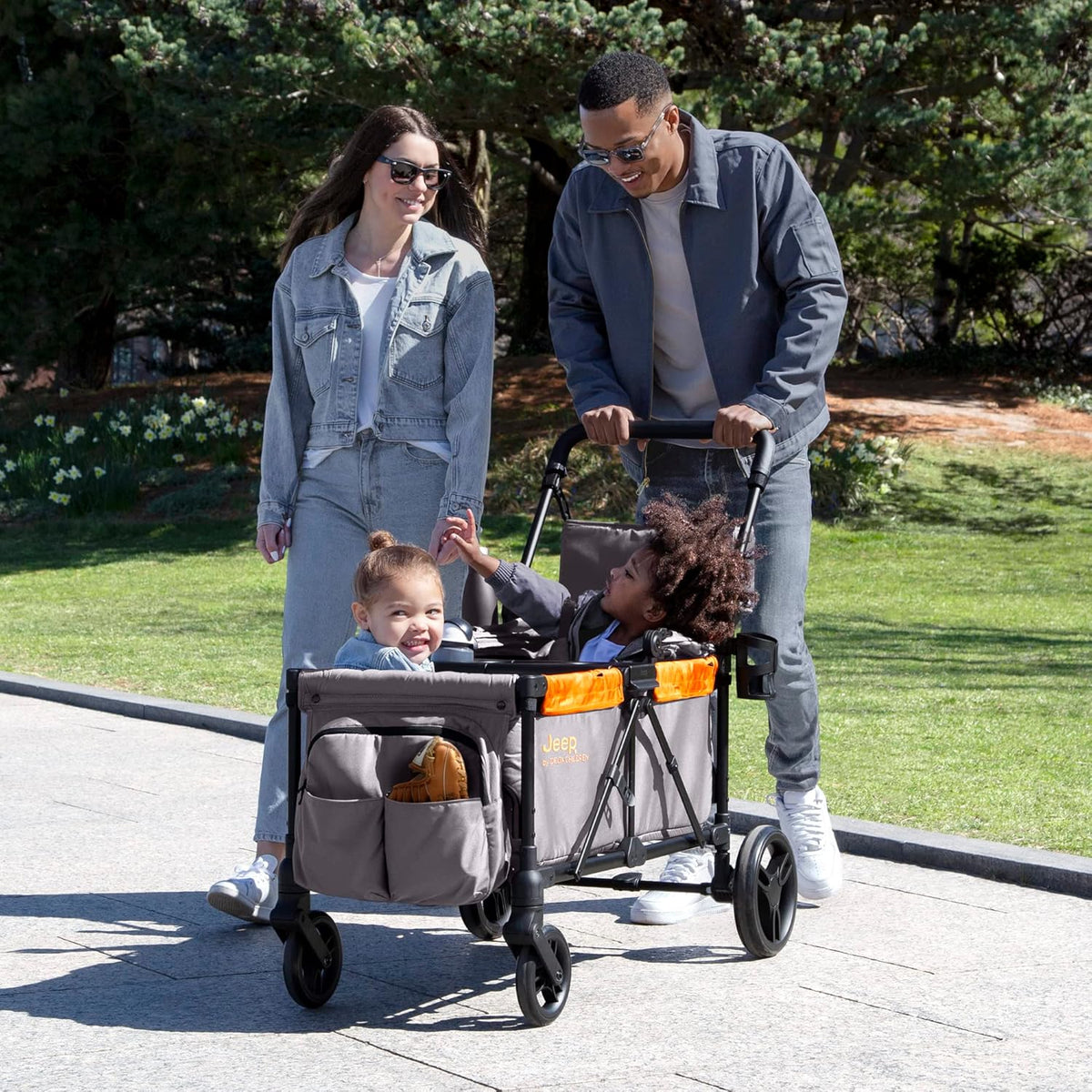 Jeep Sport All-Terrain Stroller Wagon by Delta Children - Includes Canopy, Parent Organizer, Adjustable Handlebar, Snack Tray & Cup Holders, Grey/Olive Green