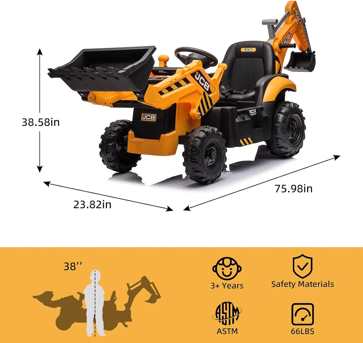 12V JCB Ride On Excavator, Ride on Toys for Kids 4-8, Electric Car for Kids with Tractor, Bulldozer, Digging Arm, Backhoe Toy Car with Slow Start/Stop, Adjustable Speeds