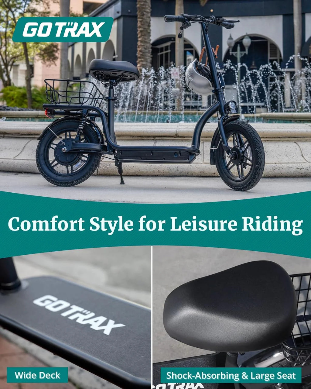 Gotrax adult electric scooter with seat, maximum range of 19-25 miles, all-terrain tires, wide pedals, padded seat, and carrycot
