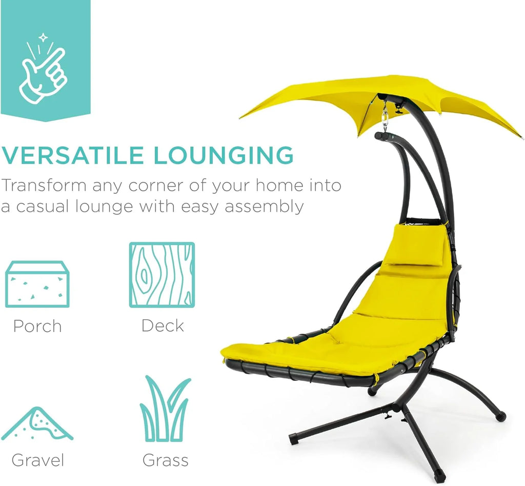 Best Choice Products Outdoor Hanging Curved Steel Chaise Lounge Chair Swing w/Built-in Pillow and Removable Canopy - Teal