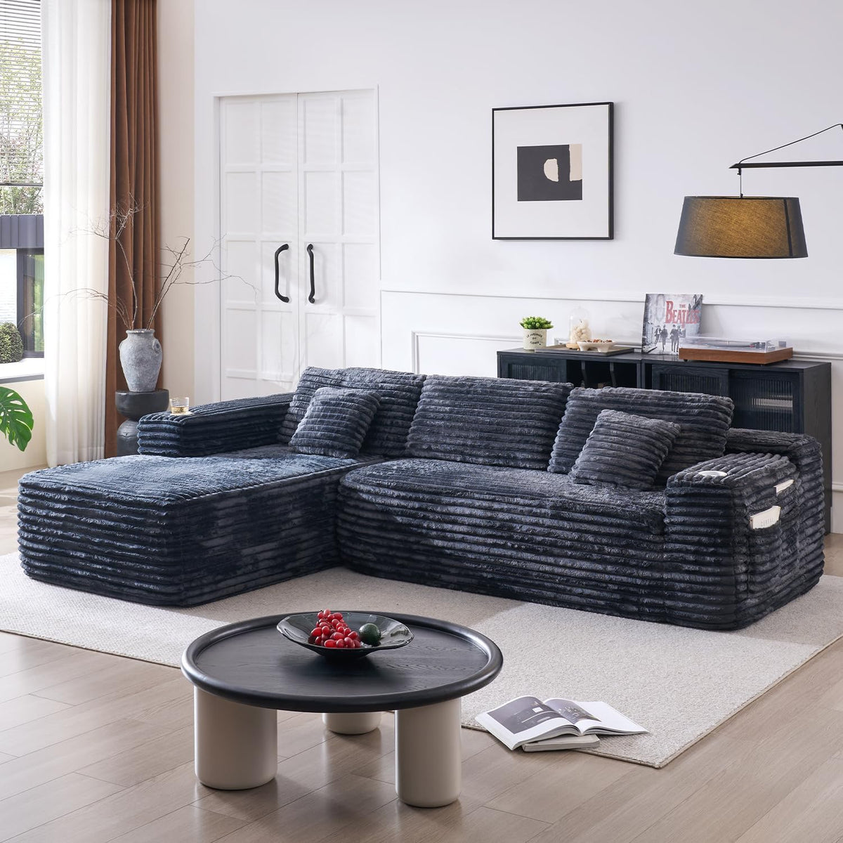 Cloud section sofa with L-shaped recliner modern modular sofa built-in cup holder