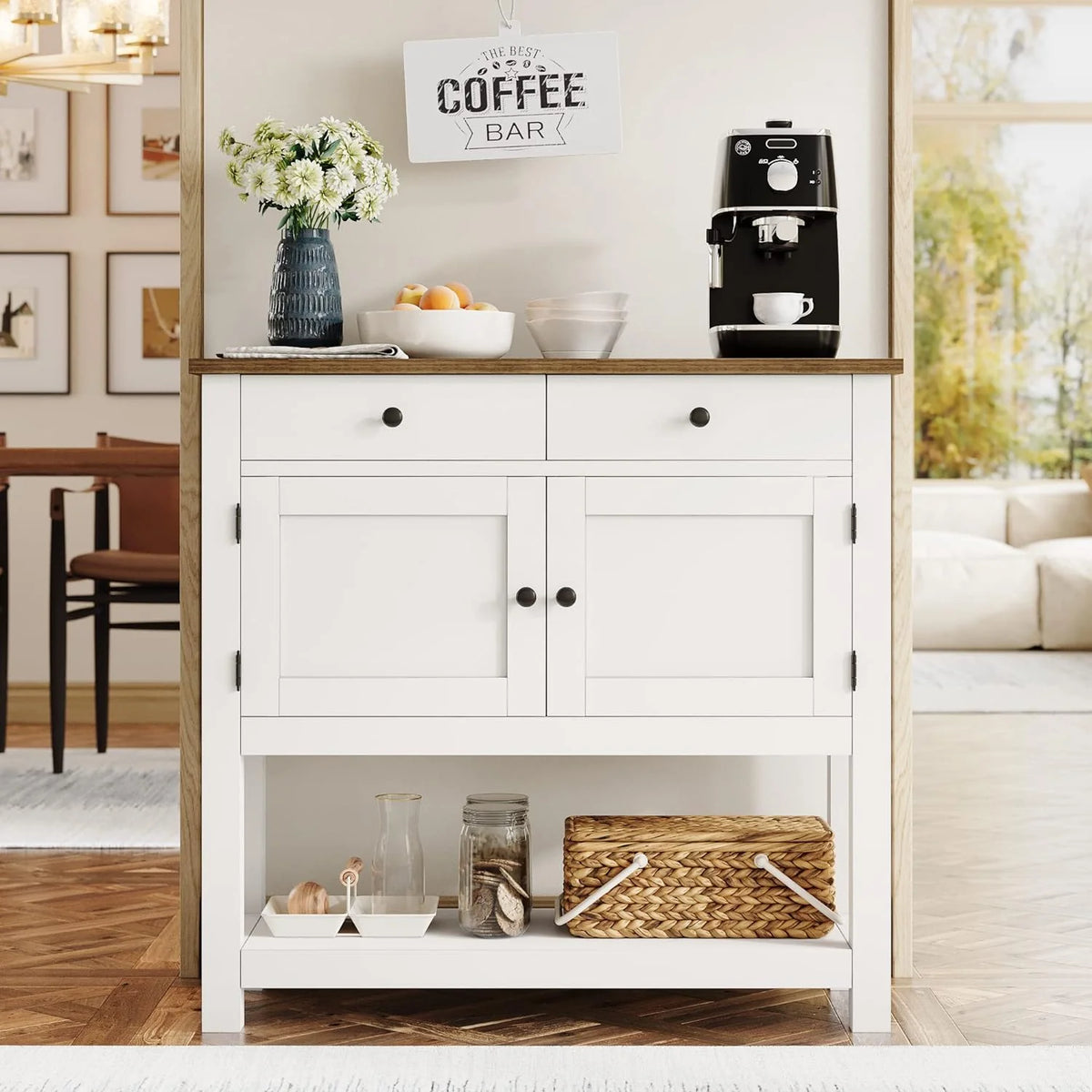 Farmhouse style console table coffee bar, entry table with storage rack, sofa table buffet sideboard