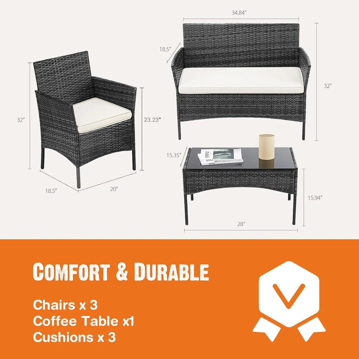 Sweetcripy Patio Furniture Set 3 Pieces, Outdoor Furniture with Soft Cushion and Glass Table, All Weather Manual Weaving Wicker Rattan Patio Chairs for Garden, Terrace, Porch(Black and Beige)
