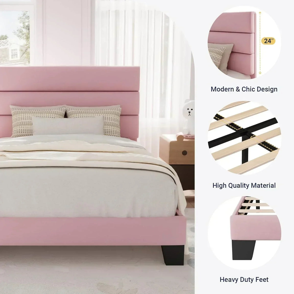 Allewie King size platform bed frame with velvet upholstered headboard and planks