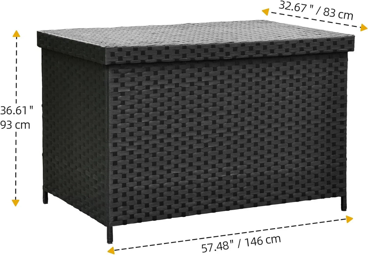 DWVO 70Gal Outdoor Storage Bench with Cushion Composite Wood Backrest Wicker Deck Bench