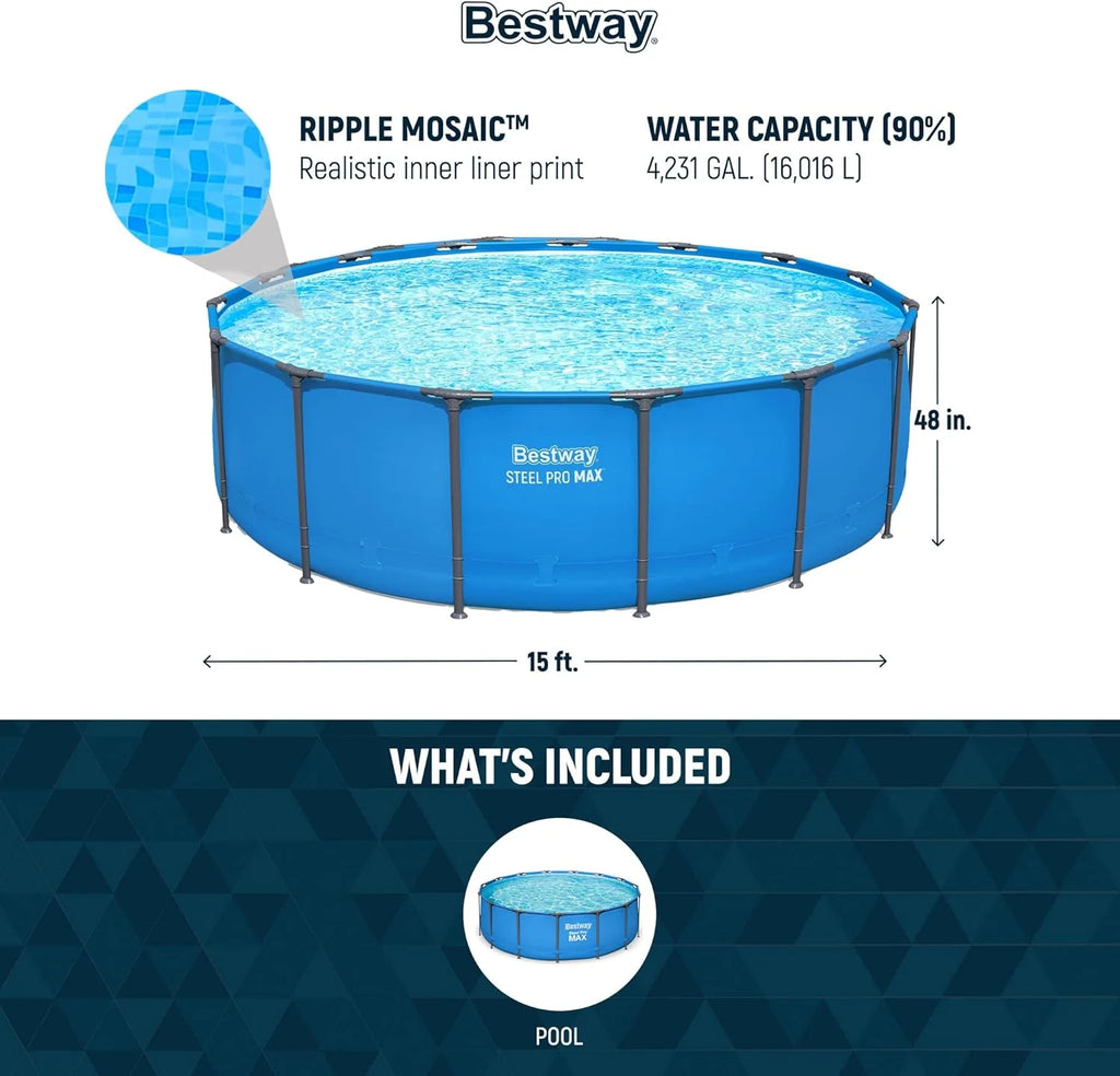 Steel Pro MAX 14 Foot x 48 Inch Round Metal Frame Above Ground Outdoor Swimming Pool Set with 1,000 Filter Pump, Ladder, and Cover, Gray