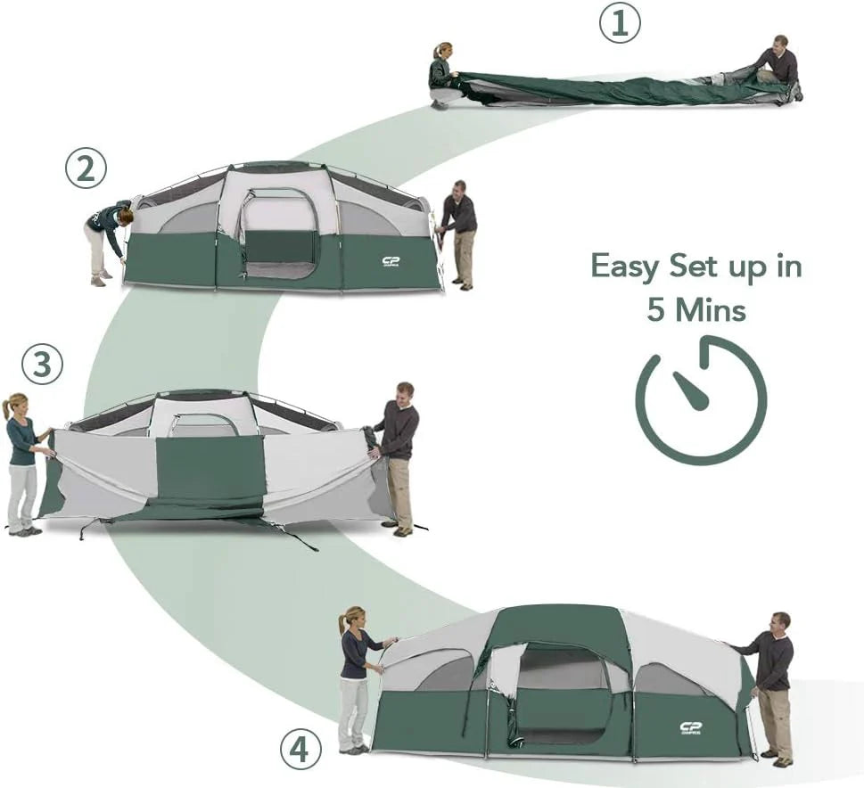 CAMPROS CP Tent 8 Person Camping Tents, Weather Resistant Family Tent, 5 Large Mesh Windows, Double Layer, Divided Curtain for Separated Room, Portable with Carry Bag