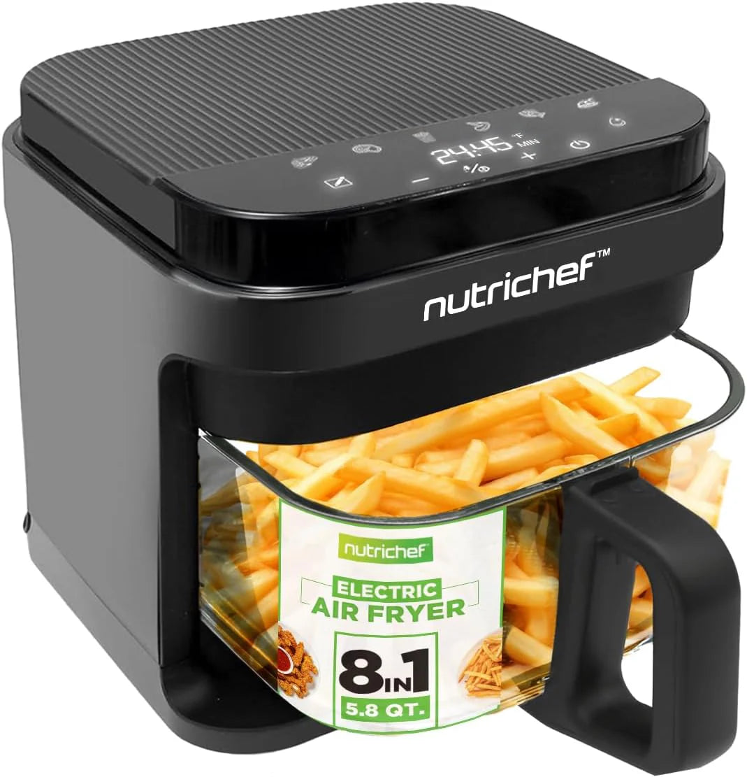 Nutrichef 5.8 Quart Air Fryer 8-1 Preset Cook Modes Transparent Fry Bowl