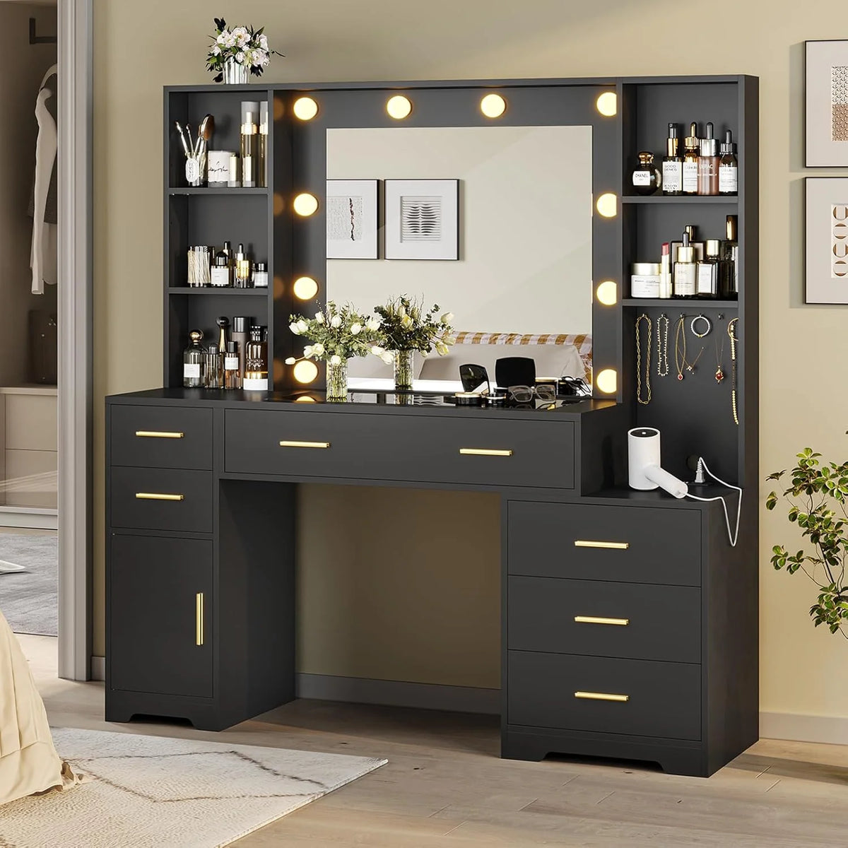 Hasuit 48.8'' Large Vanity Desk with Lighted Mirror & Power Outlet, Makeup Vanity Table
