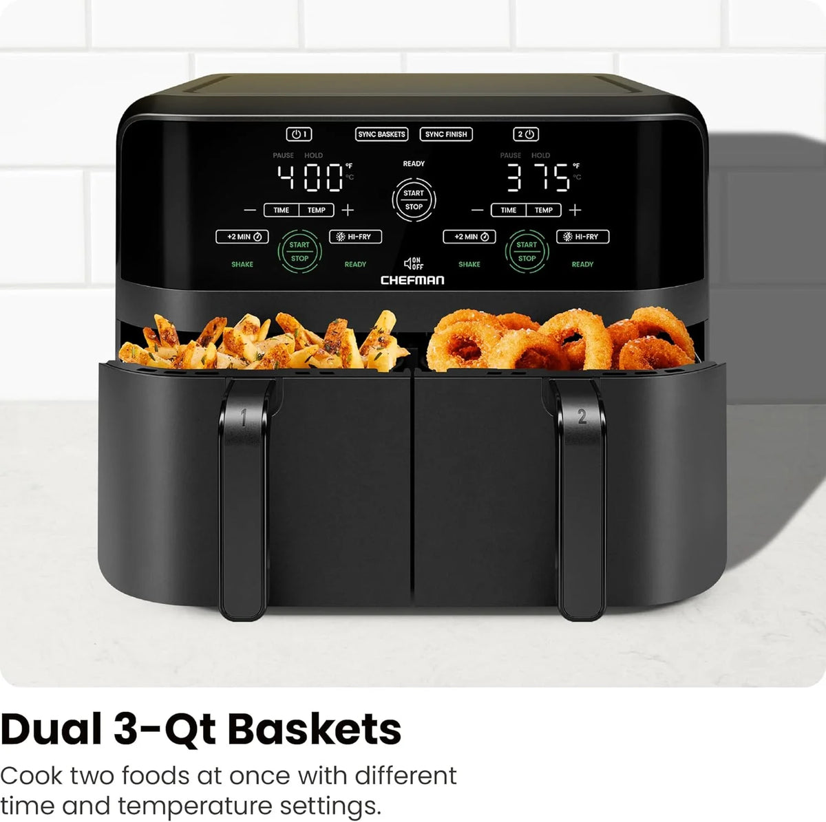 Chefman 6-Quart Dual Basket Air Fryer - Digital Touchscreen, Smart Sync Finish, High-Frying, Auto-Off, 2 Independent 3-Quart Nonstick Pans, Dishwasher-Safe Baskets
