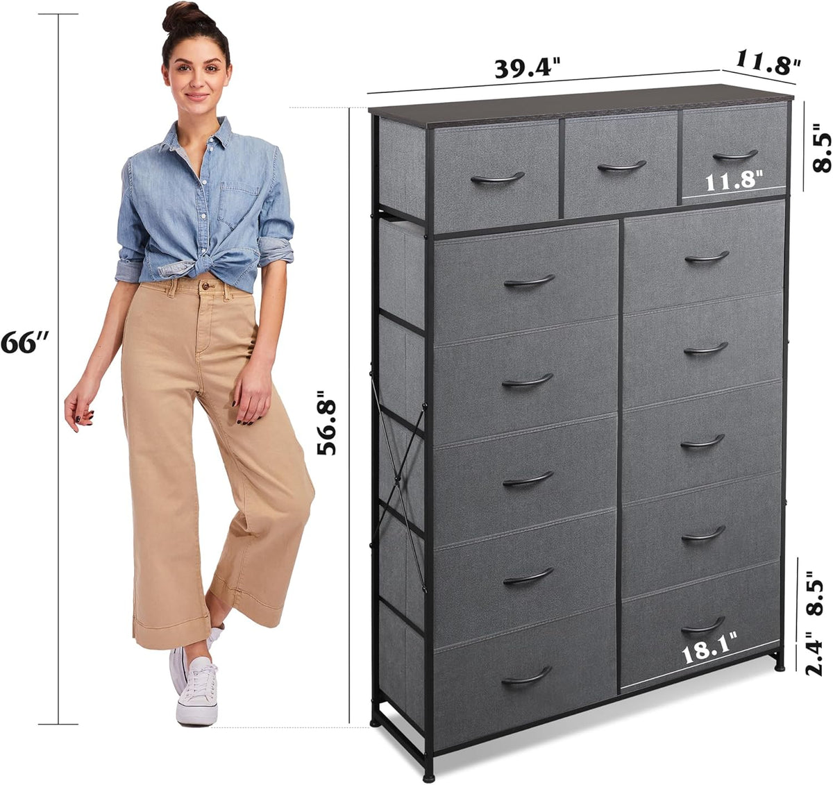 WLIVE Storage Organizer Unit with 13 Fabric Bins, Storage Drawers Organizer with Steel Frame, Tall Storage Tower Organizaton for Living Room, Hallway, Office, Charcoal Black