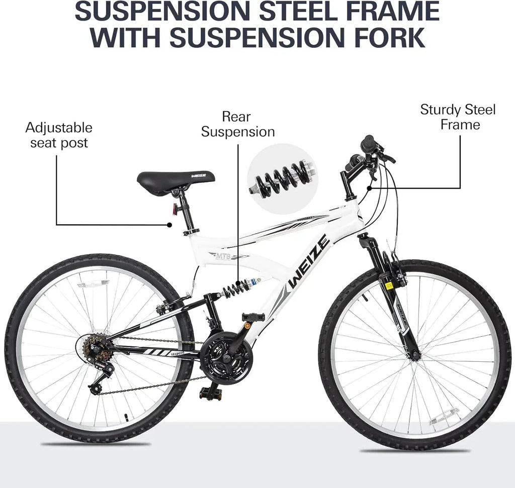 WEIZE Mountain Bike 26 27.5 inch Outdoor Hybrid Bikes 18-Speed High-Carbon Steel Full Suspension