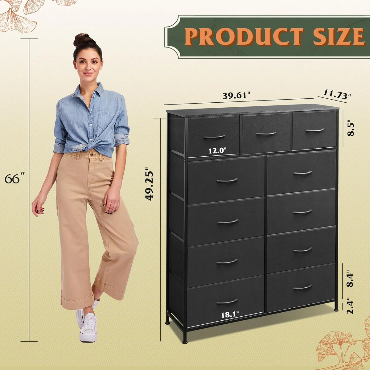 Storage Organizer Unit with 11 Fabric Bins, Storage Drawers Organizer with Steel Frame, Tall Storage Tower Organizaton