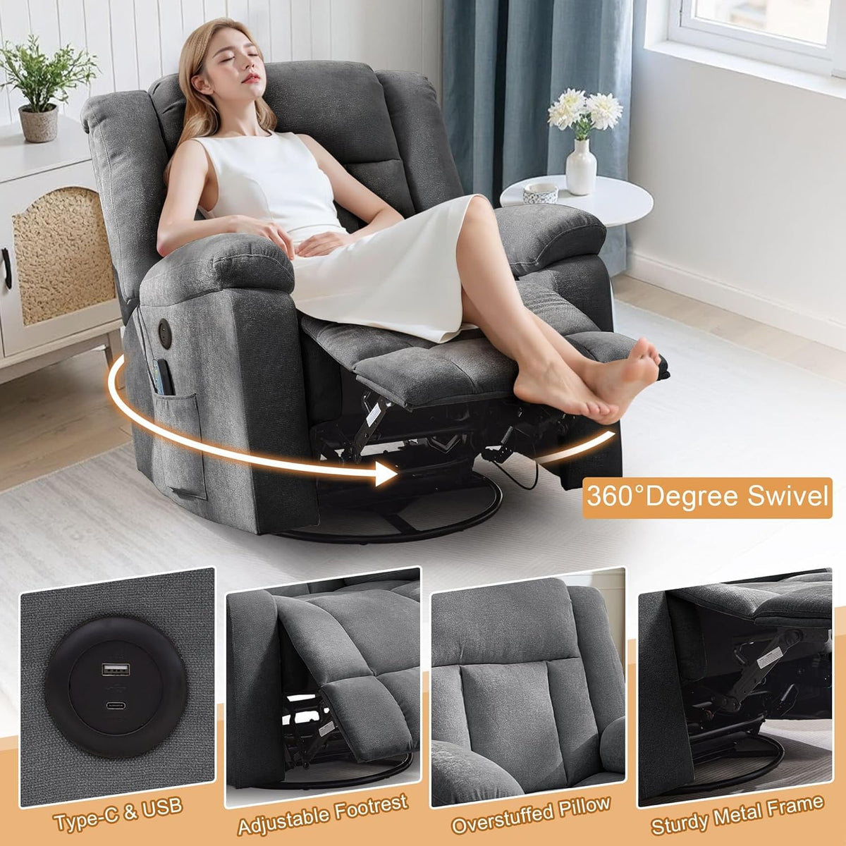 Adult rocking chair, gliding recliner, 360° rotating rocking chair with massage and heating function