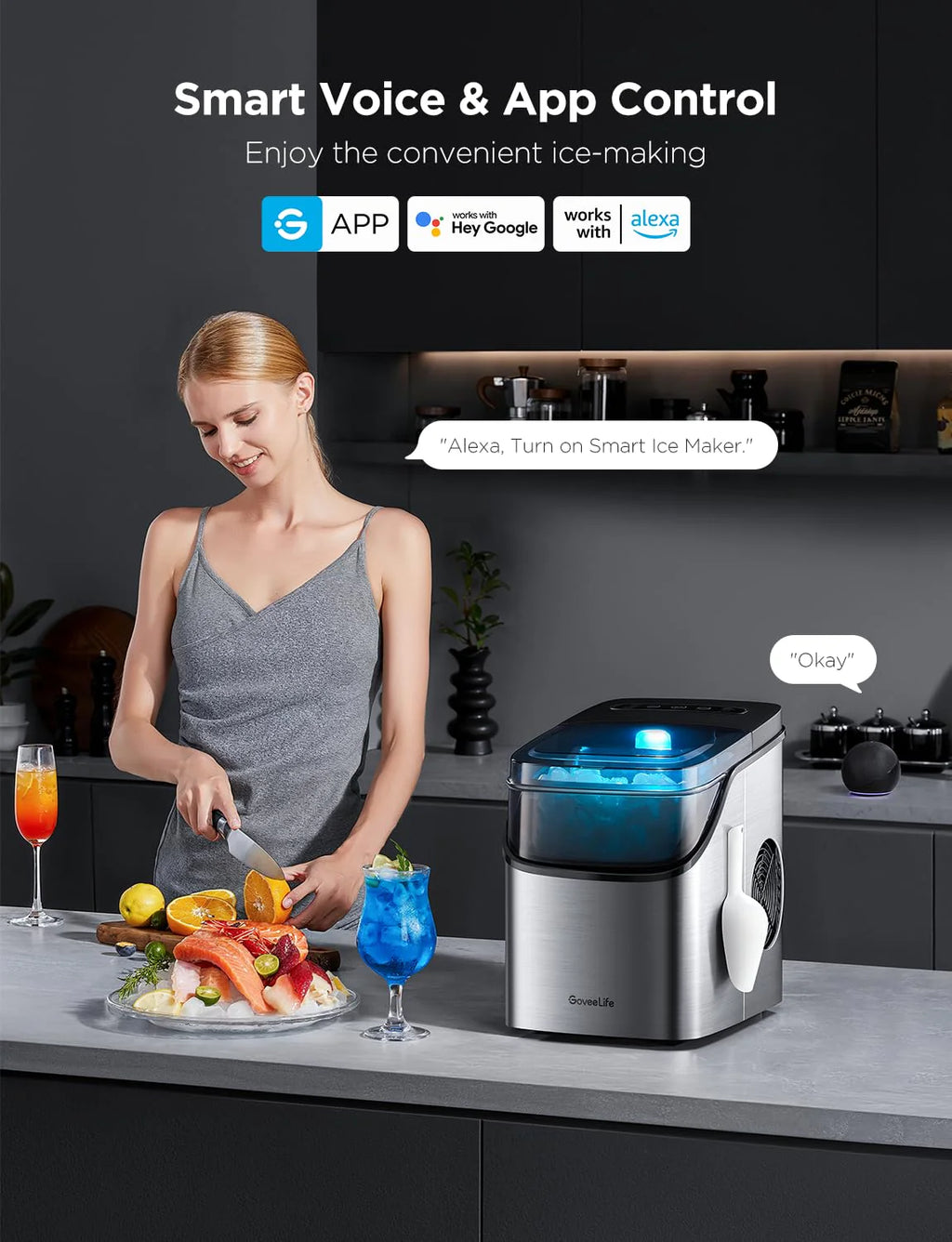 GoveeLife Smart Ice Maker Countertop, Portable Ice Machine with Voice Control, 9 Ice Cubes in 6 Minutes 3 Sizes, 26lbs/24Hrs, Self Cleaning RGB Lights, Quiet Ice Maker with Scoop for Kitchen Silver