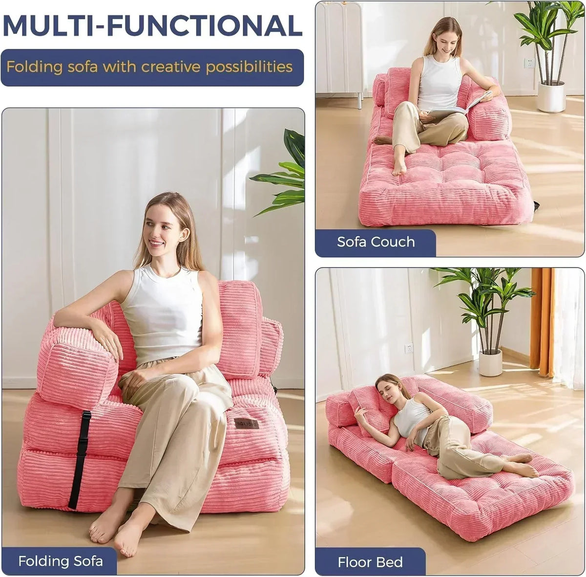 Folding Sofa Bed L-Shaped Convertible Sofa Bed with Armrests and Pillows