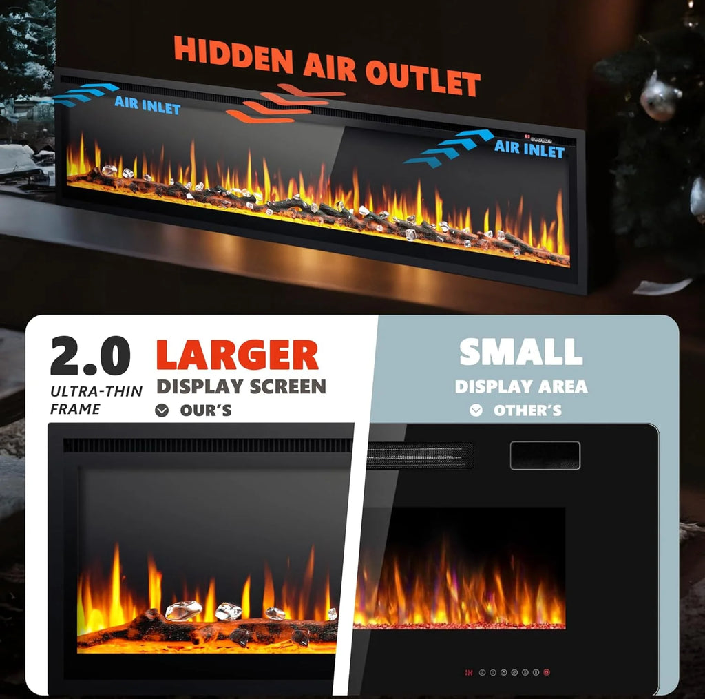 EUHOMY 50 Inch Electric Fireplace Wall Recessed and Wall Mounted with Adjustable Flame Color, Fireplace Heater with Remote Control, Linear Fireplace with Timer, Touch Screen, Log & Crystal, 750/1500W