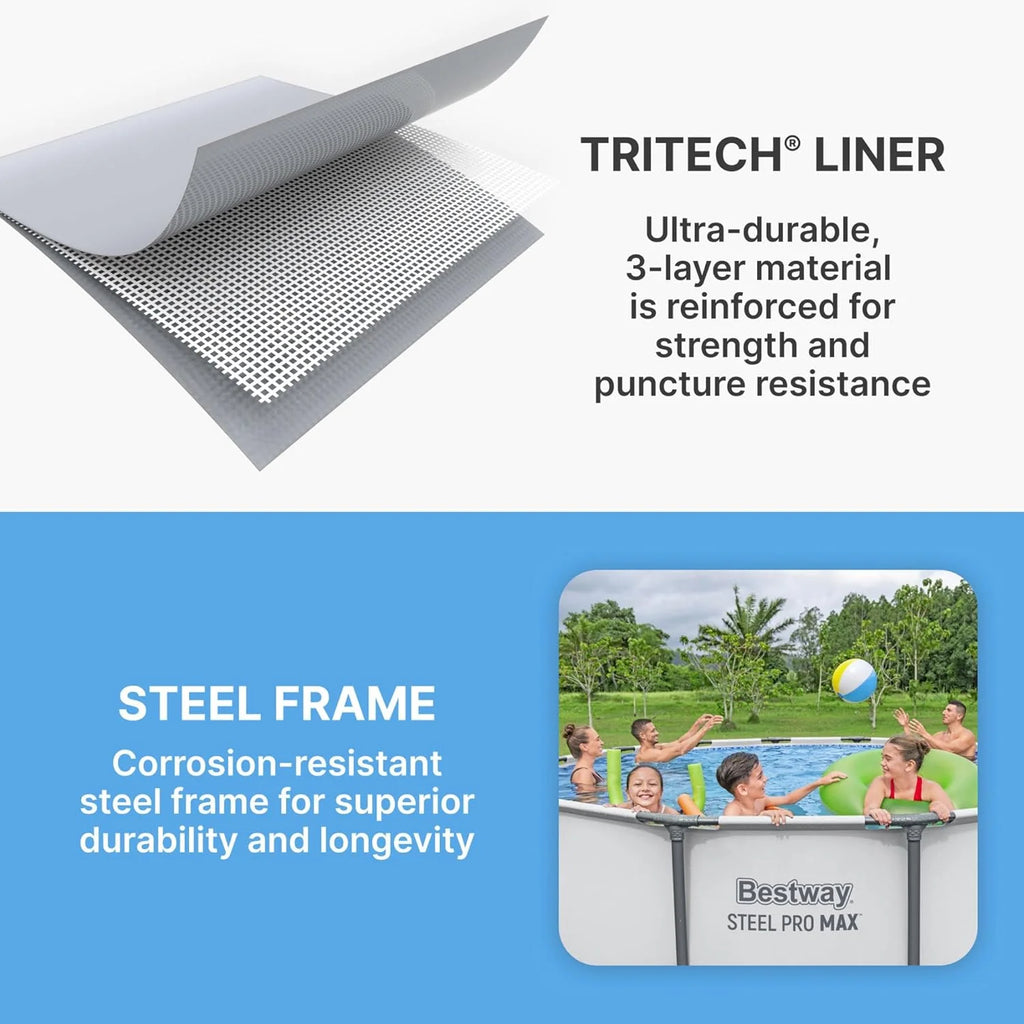 Steel Pro MAX 14 Foot x 48 Inch Round Metal Frame Above Ground Outdoor Swimming Pool Set with 1,000 Filter Pump, Ladder, and Cover, Gray