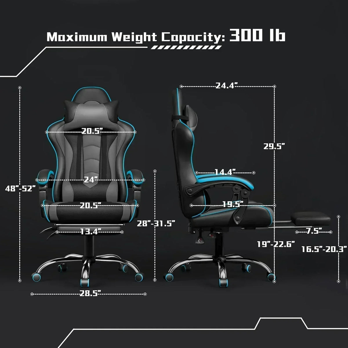 Gaming Chair with Massage Lumbar Support and Footrest Height Office Gaming Chair
