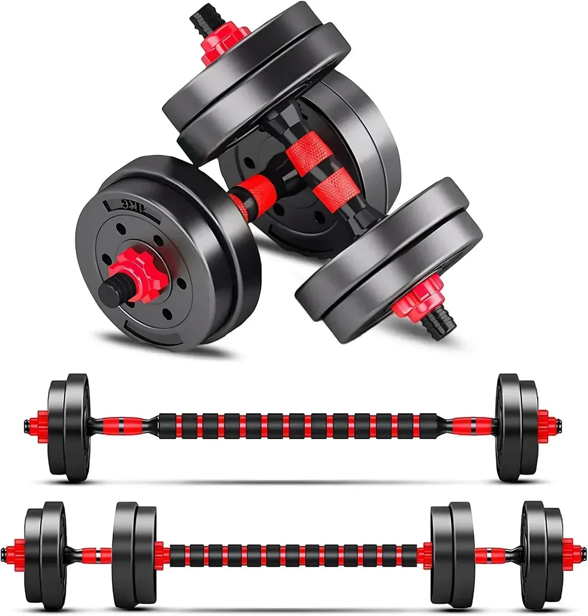 Adjustable dumbbell set, free weight dumbbell pair convertible into barbell