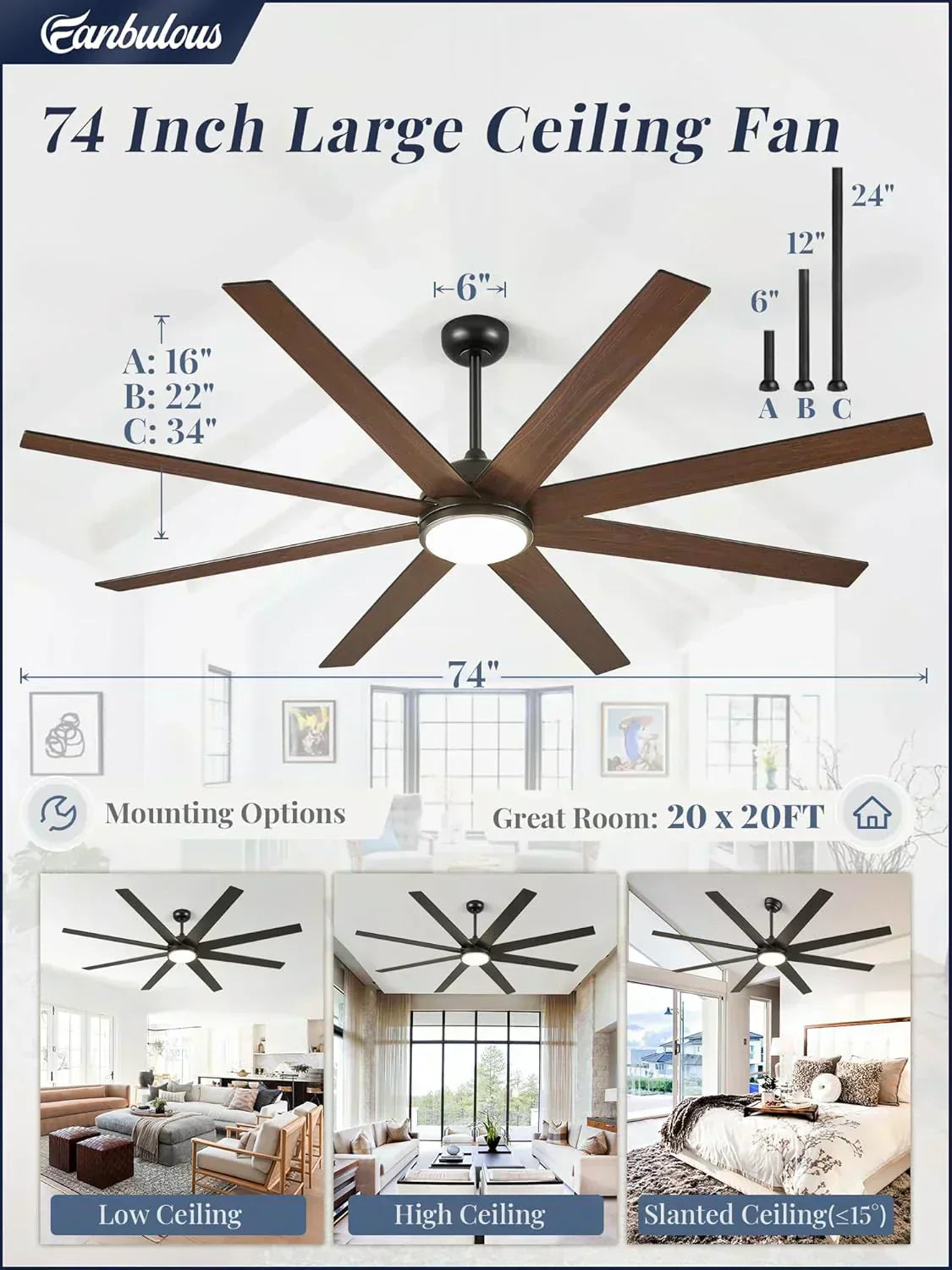 Ceiling Fan Indoor/Outdoor 8 Blades 65 inches