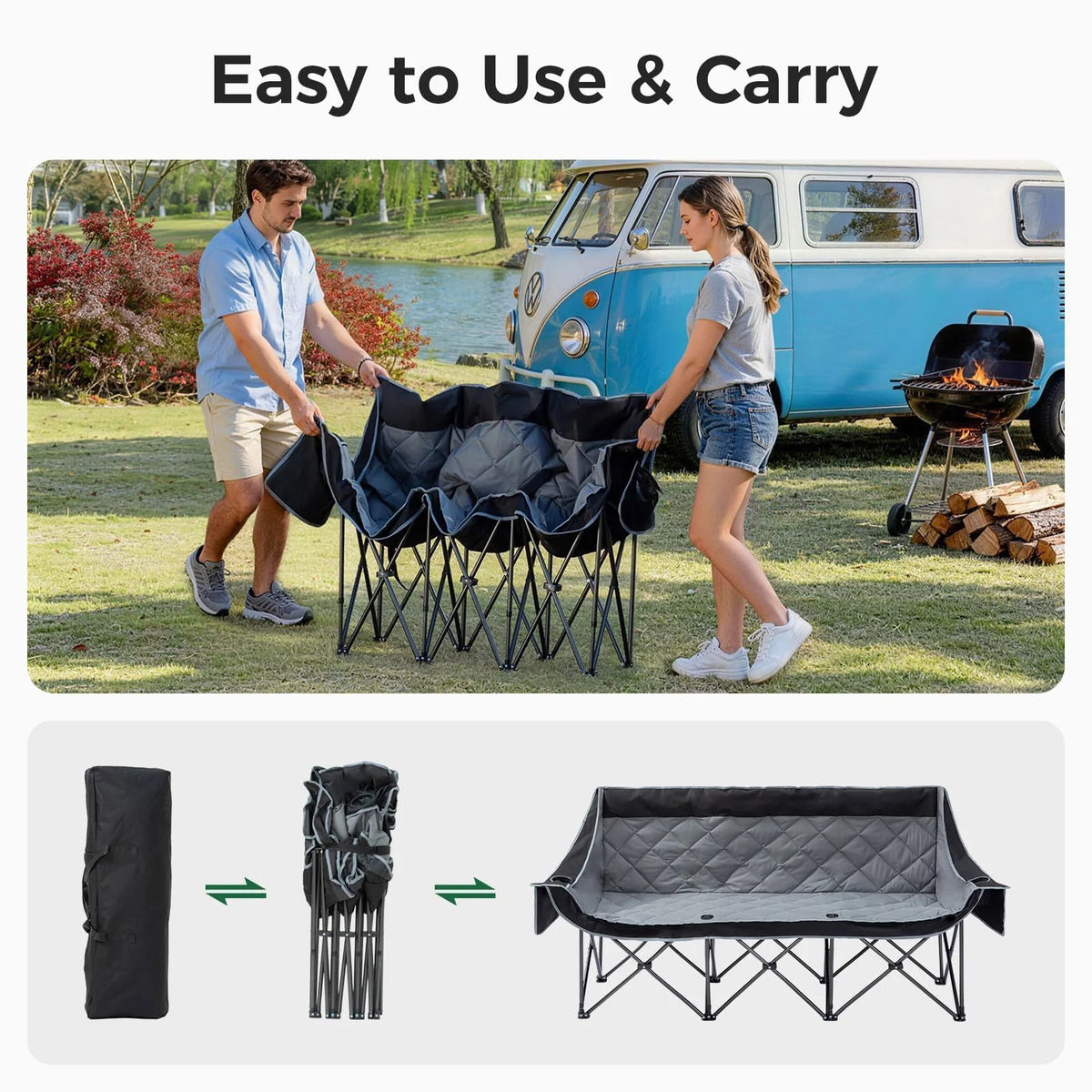 Oversized 3 Person Camping Chair Folding Padded Loveseat with Cup Holders and Carry Bag