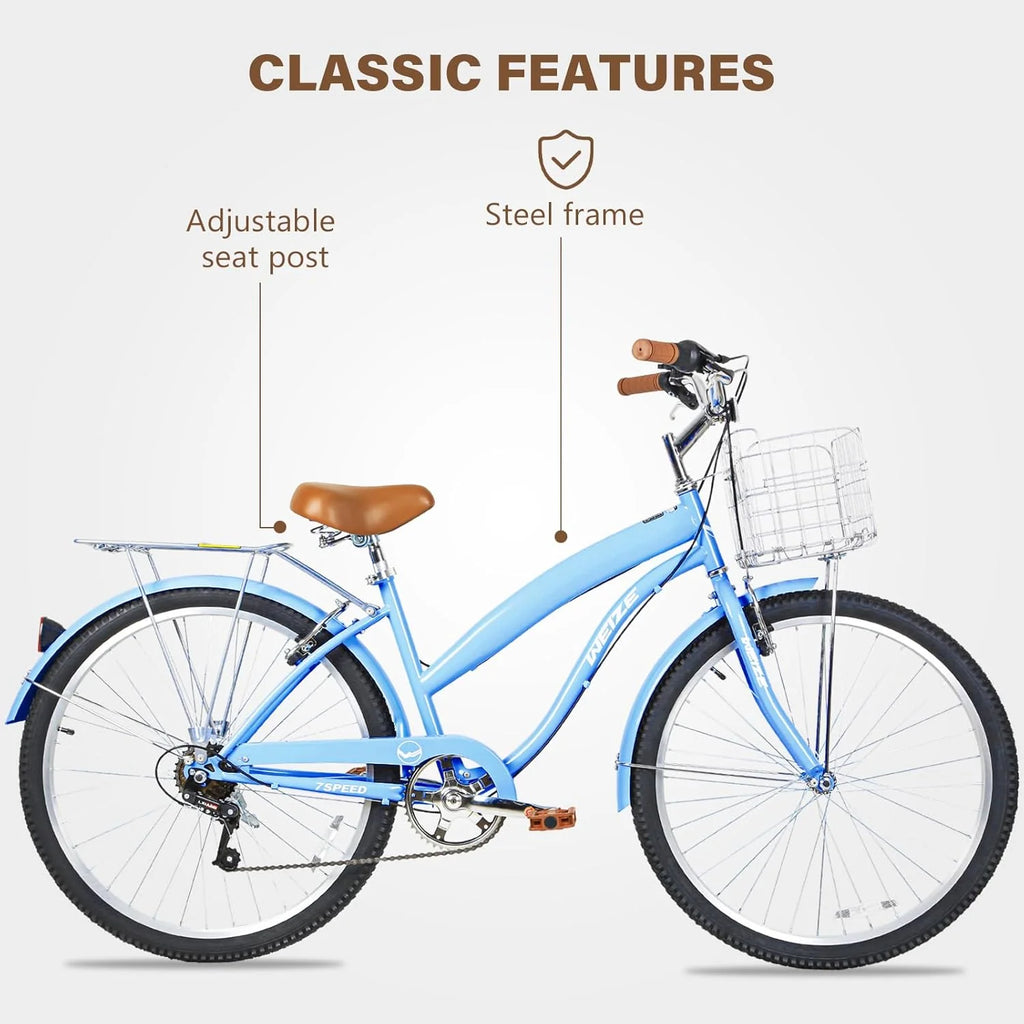 WEIZE Beach Cruiser Bike, 26 inch Commuter Bicycle for Adult Men and Women, 7-Speed/High-Carbon Steel/Front & Rear Fenders, Comfortable City Bikes with Rear Rack or Basket, Ergonomic Upright Design