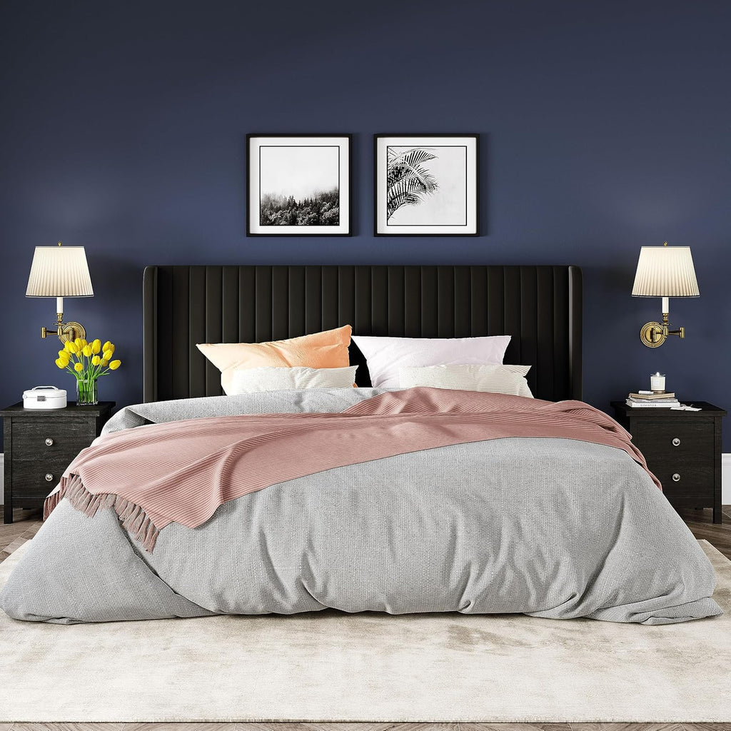 Allewie Full Size Velvet Bed Frame Vertical Channel Tufted Wingback Headboard Upholstered Bed