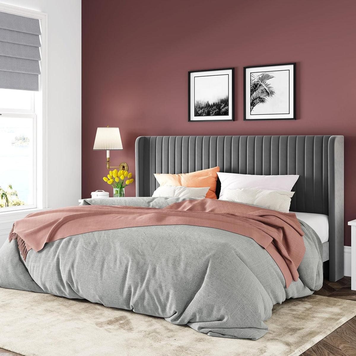 Allewie Full Size Velvet Bed Frame Vertical Channel Tufted Wingback Headboard Upholstered Bed